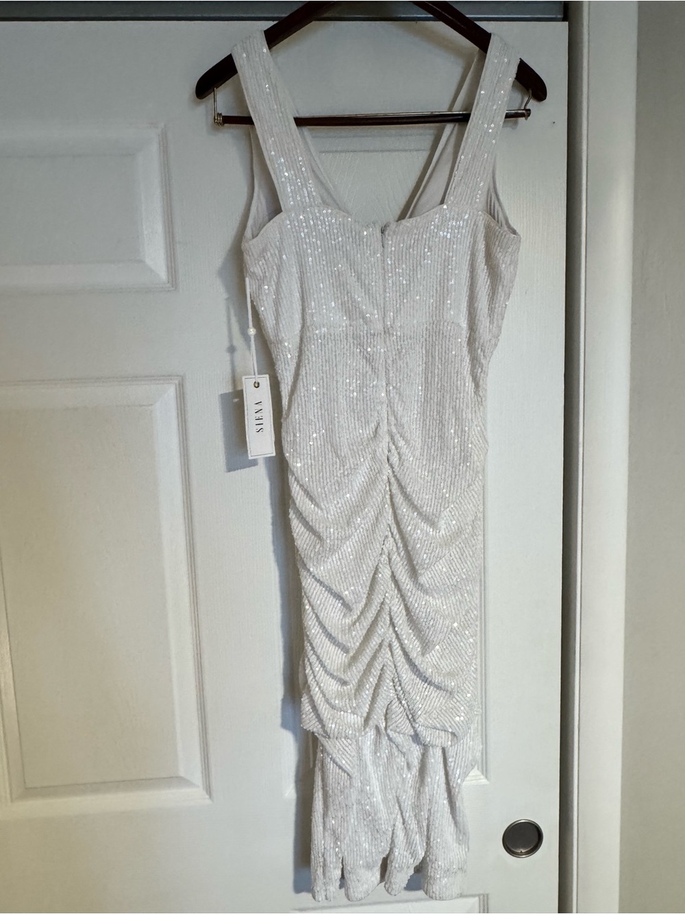 NWT Siena White Sequin Ruched Midi Dress NWT Size 8 Cocktail Party Wedding Guest - Picture 3 of 8
